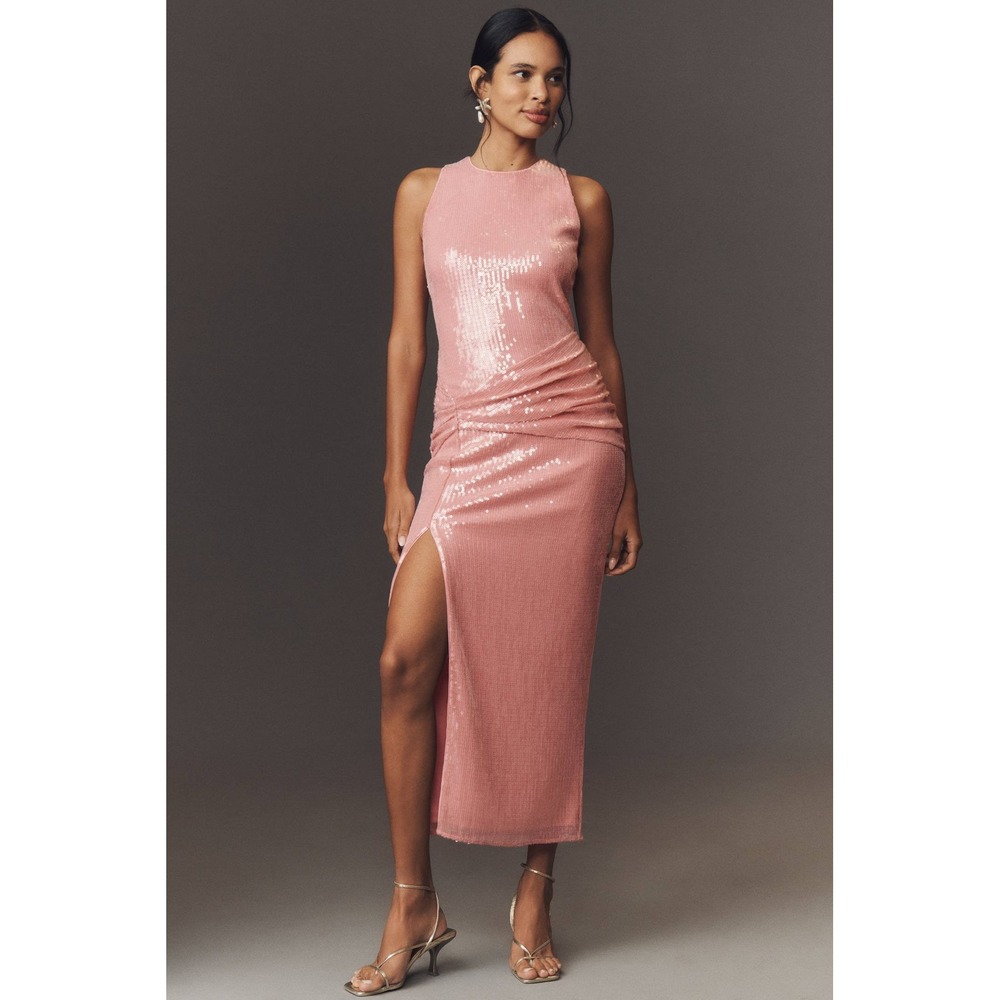 New! Hutch Lumi Sequin Ruched Midi Dress Rose Pink Side Slit Sz Small